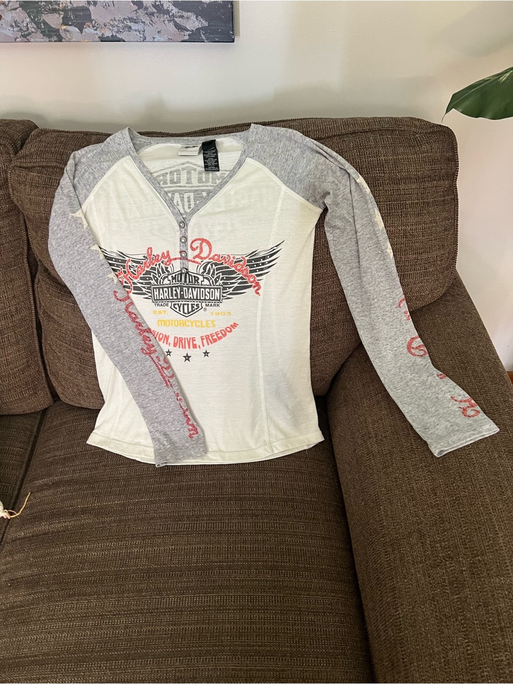 Harley-Davidson White & Light Gray Girls' Long-Sleeve Henley Tee with Logo